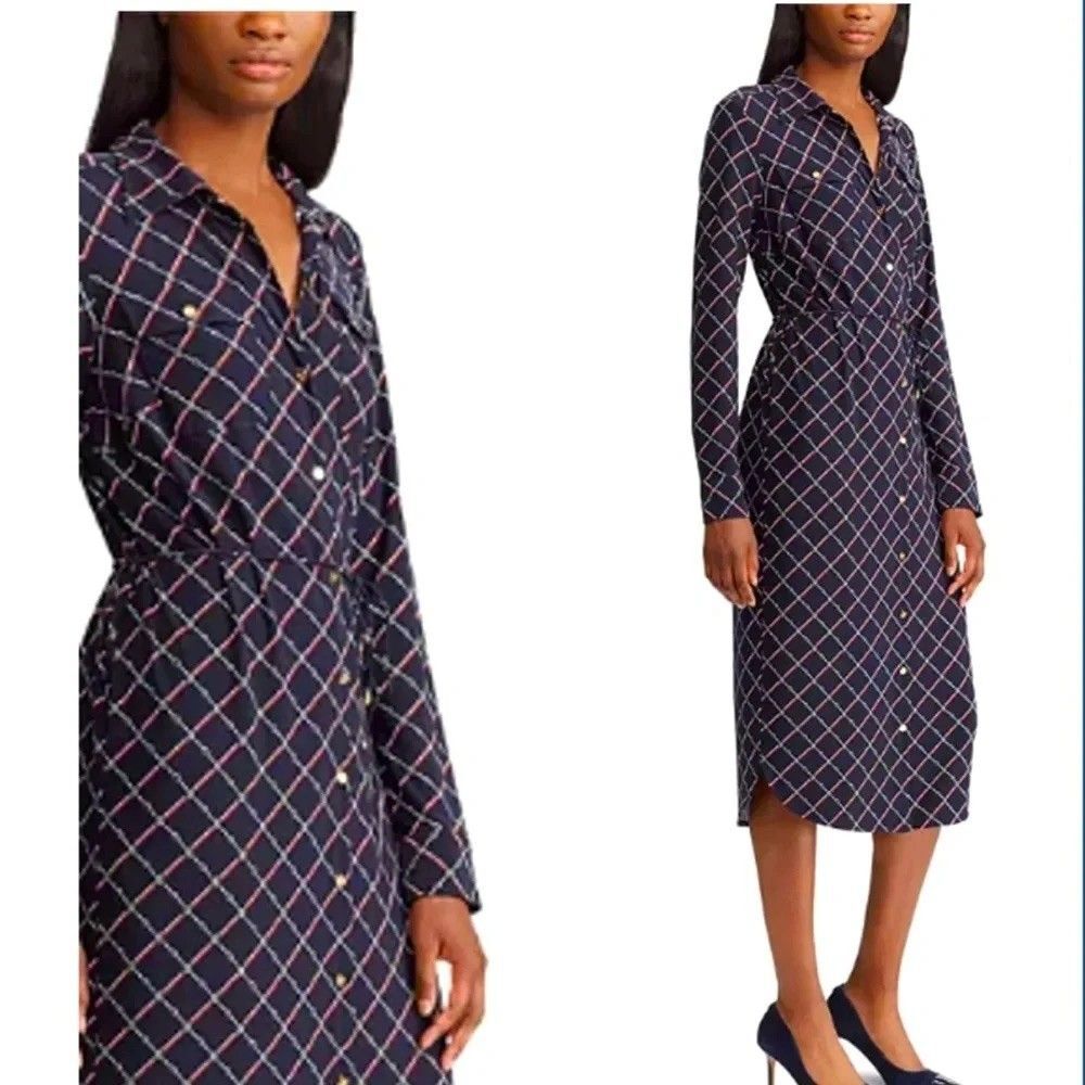 Lauren Ralph Equestrian Navy Horsebit Stretch Logo Shirt Dress Small Petites SP